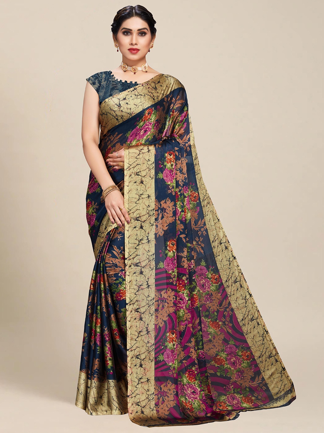 

MS RETAIL Navy Blue & Pink Floral Pure Georgette Block Print Saree