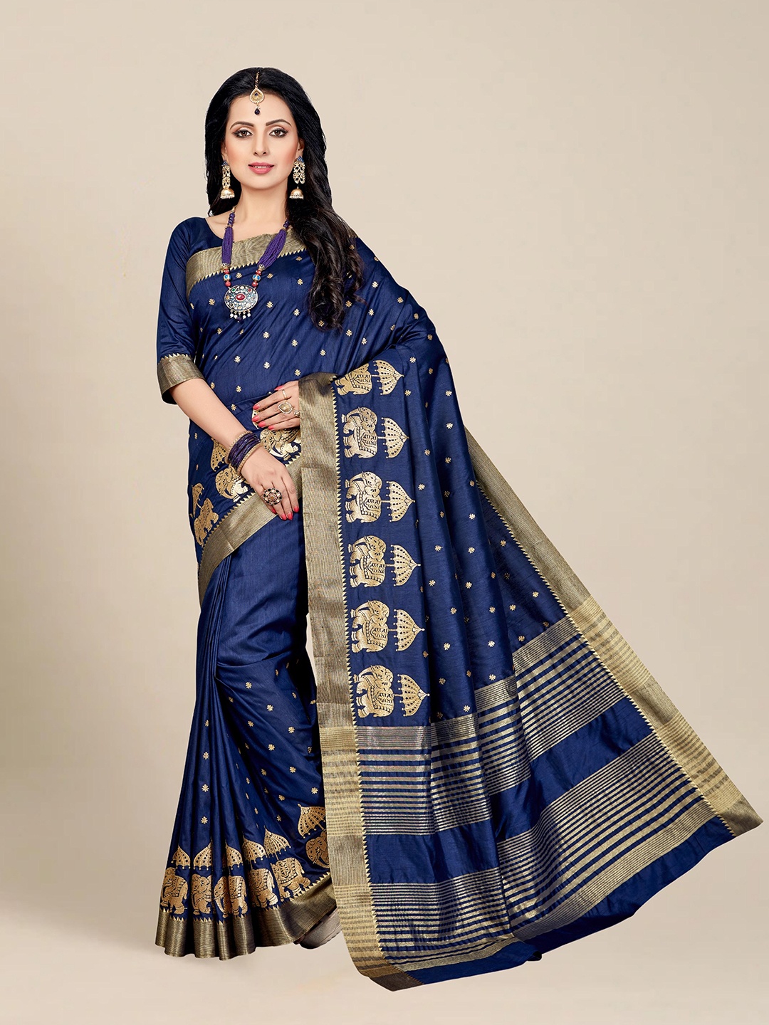 

MS RETAIL Navy Blue & Gold-Toned Ethnic Motifs Zari Silk Blend Heavy Work Kanjeevaram Saree