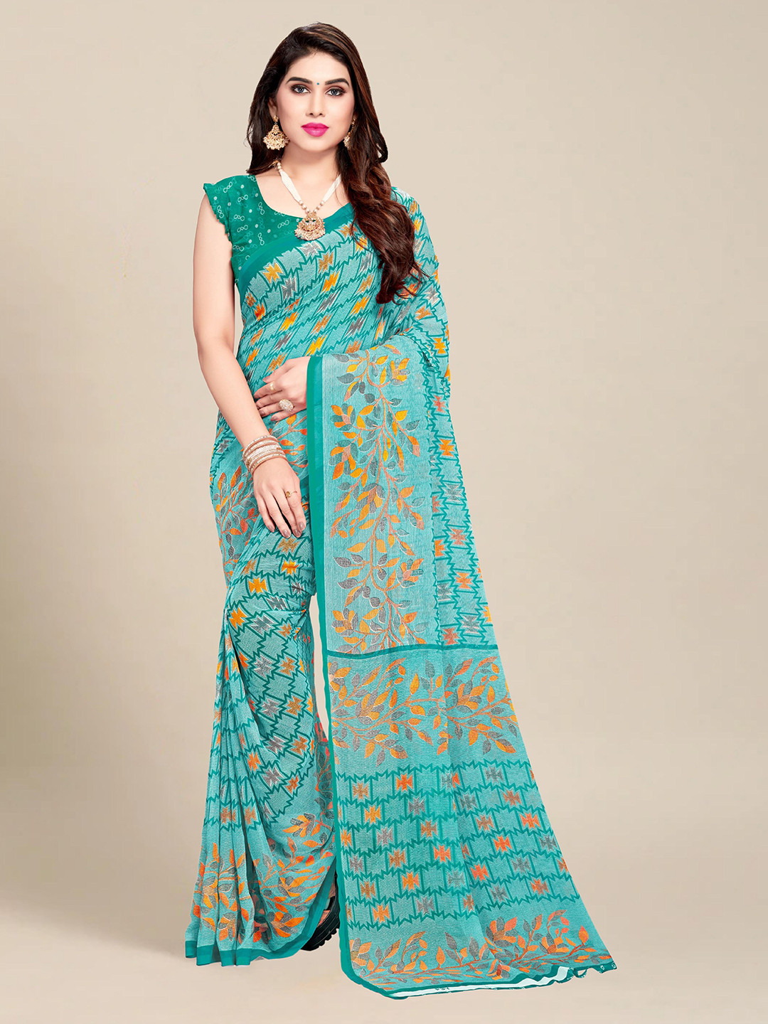 

MS RETAIL Teal & Orange Pure Georgette Saree