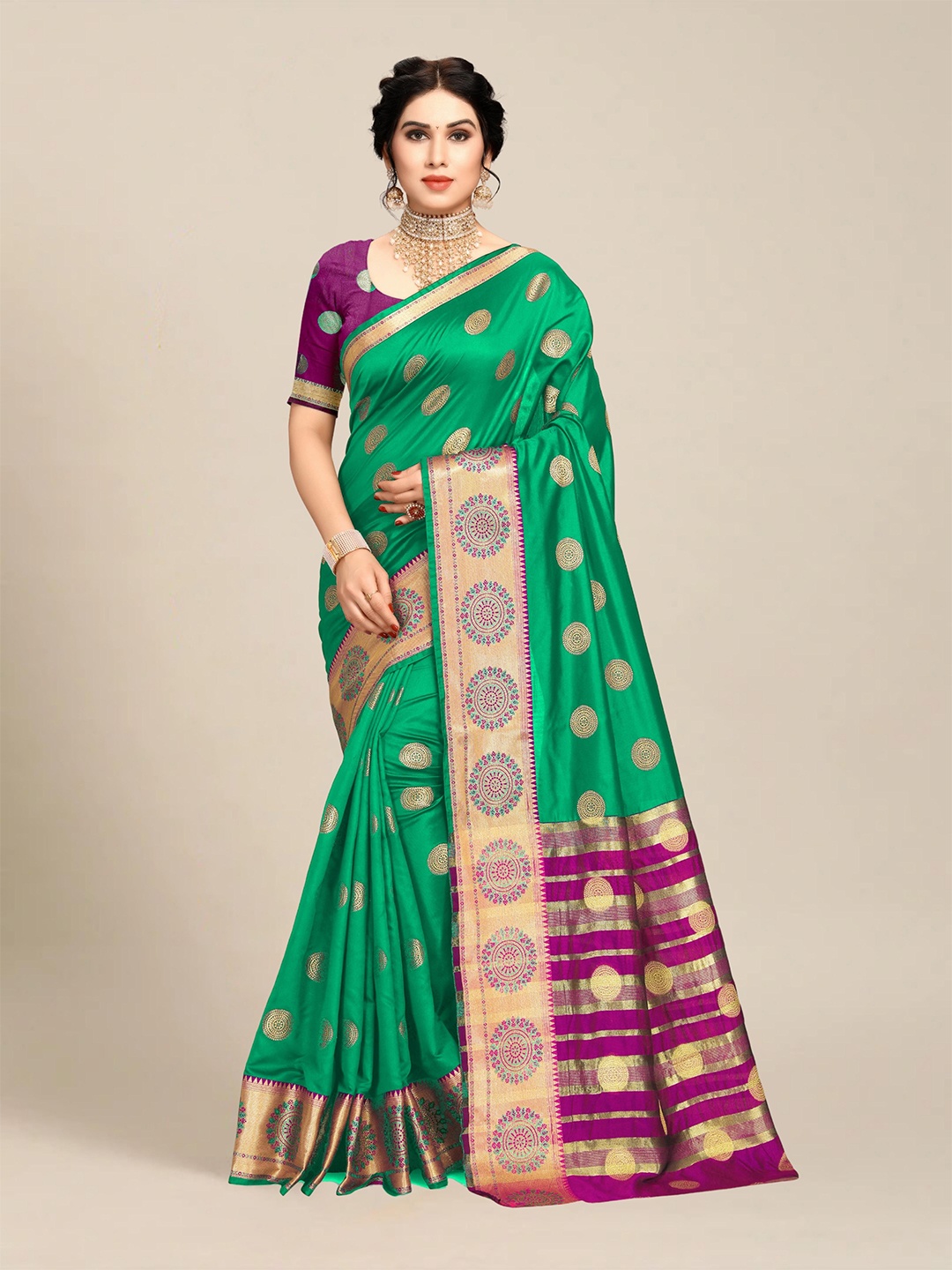 

MS RETAIL Teal & Purple Ethnic Motifs Zari Art Silk Banarasi Saree