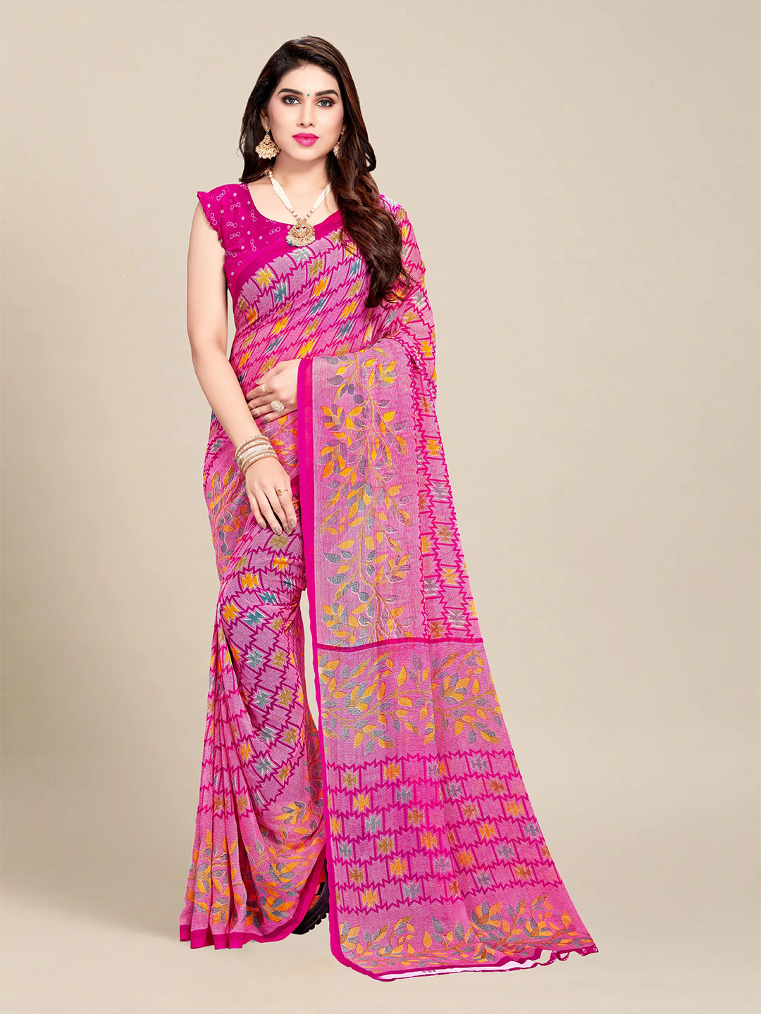 

MS RETAIL Women Pink & Green Pure Georgette Block Print Saree