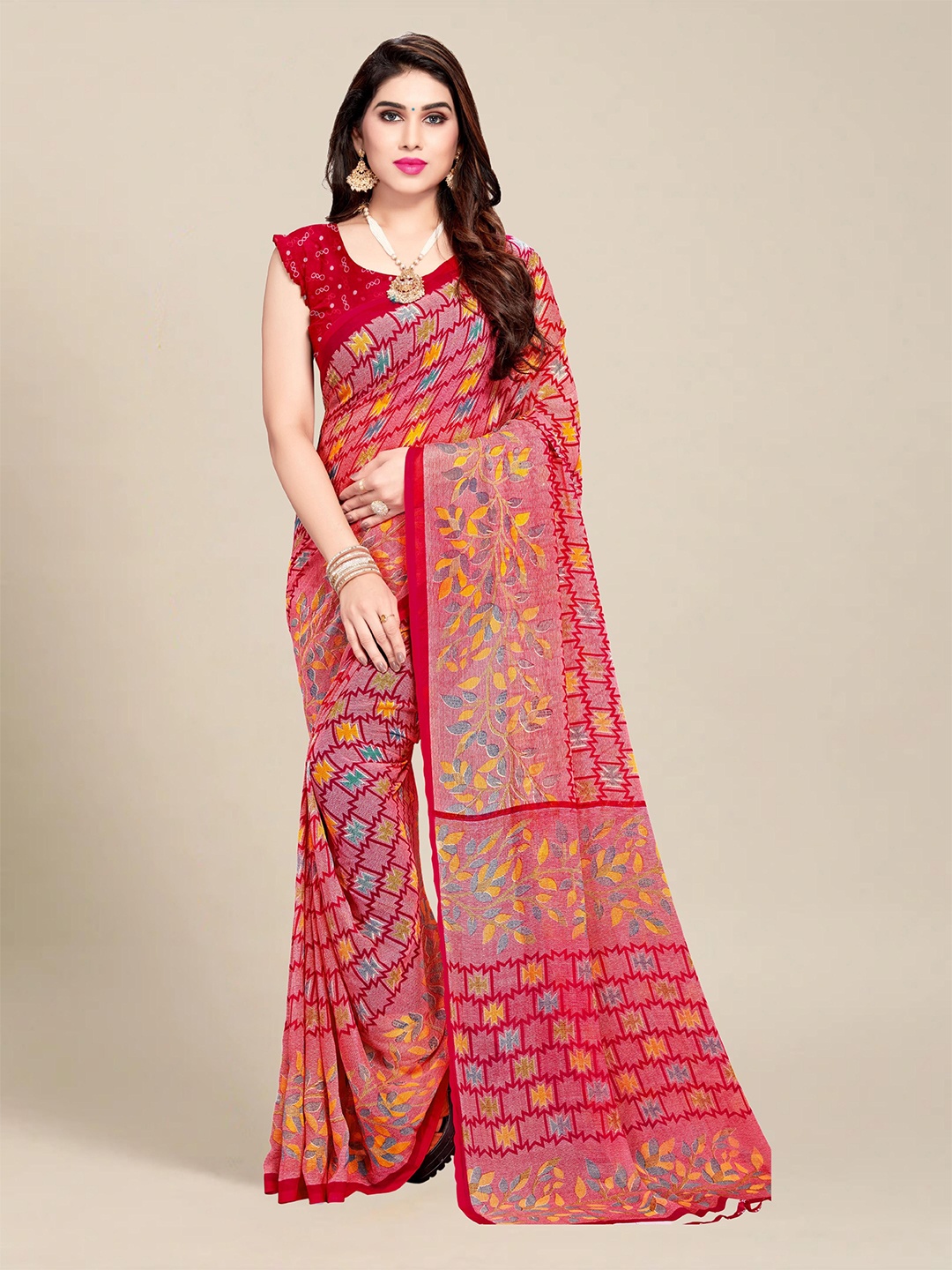 

MS RETAIL Rose & Blue Pure Georgette Block Print Saree