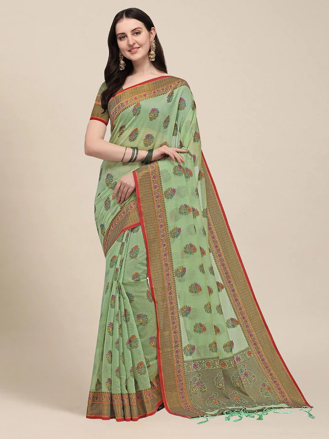 

MS RETAIL Lime Green & Red Floral Zari Chanderi Cotton Saree