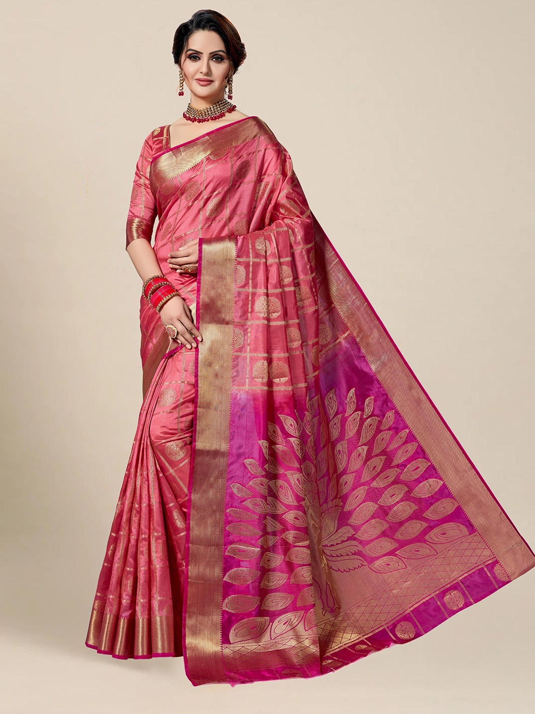 

MS RETAIL Women Peach & Gold Woven Design Zari Silk Blend Kanjeevaram Saree