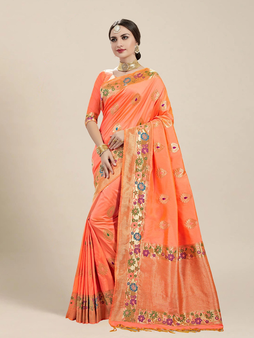 

MS RETAIL Coral & Gold-Toned Woven Design Zari Silk Blend Banarasi Saree