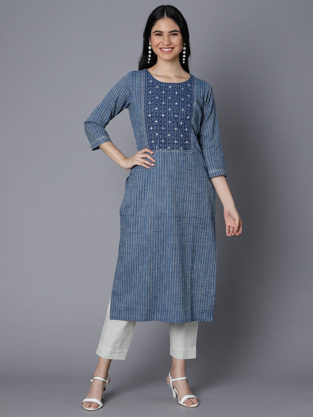 

KAMI KUBI Women Blue Striped Mirror Work Kurta