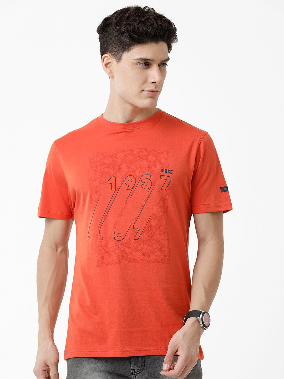 

CROYDON UK Men Printed Cotton T-shirt, Rust