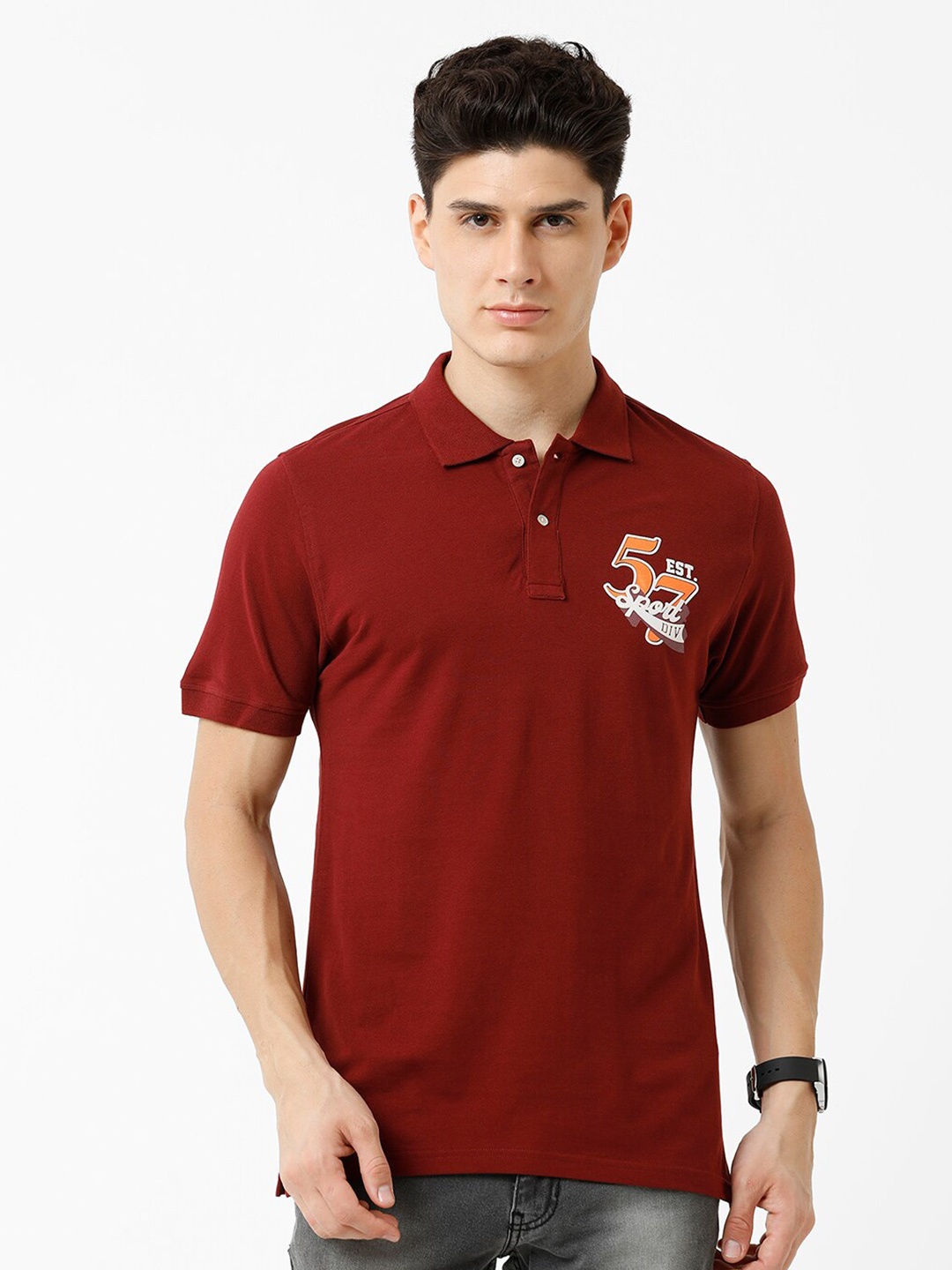 

CROYDON UK Men Typography Printed Polo Collar T-shirt, Burgundy