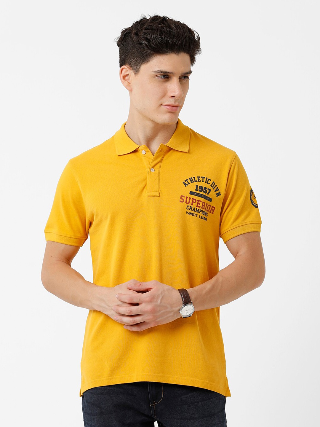 

CROYDON UK Men Typography Printed Polo Collar T-shirt, Mustard