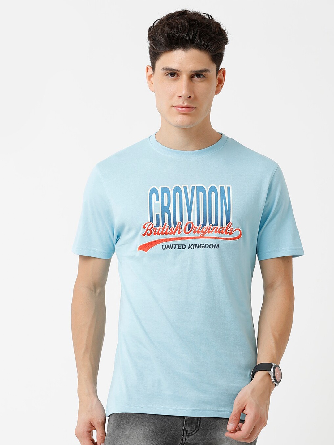 

CROYDON UK Men Typography Printed T-shirt, Blue