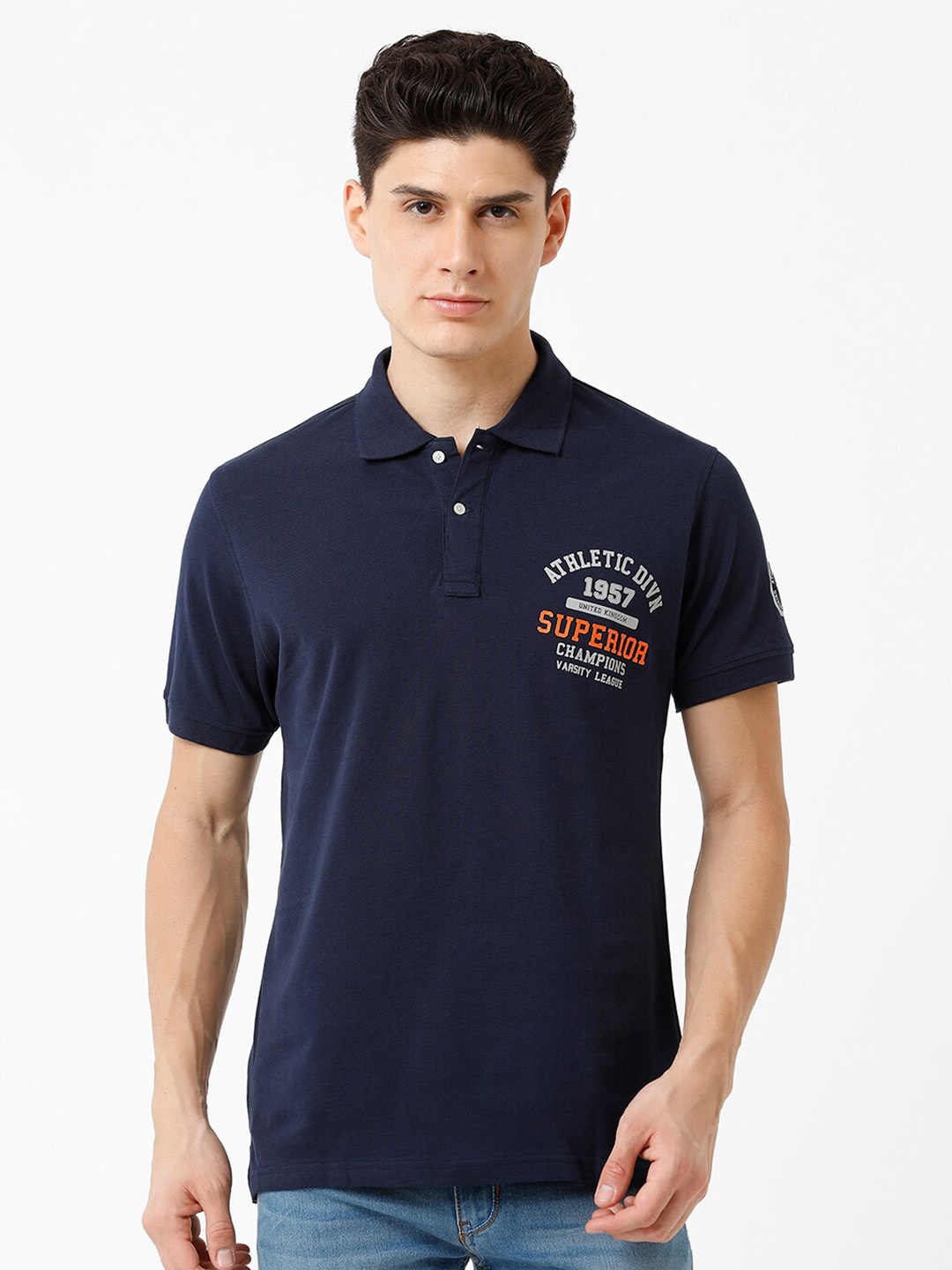 

CROYDON UK Men Typography Printed Polo Collar T-shirt, Navy blue