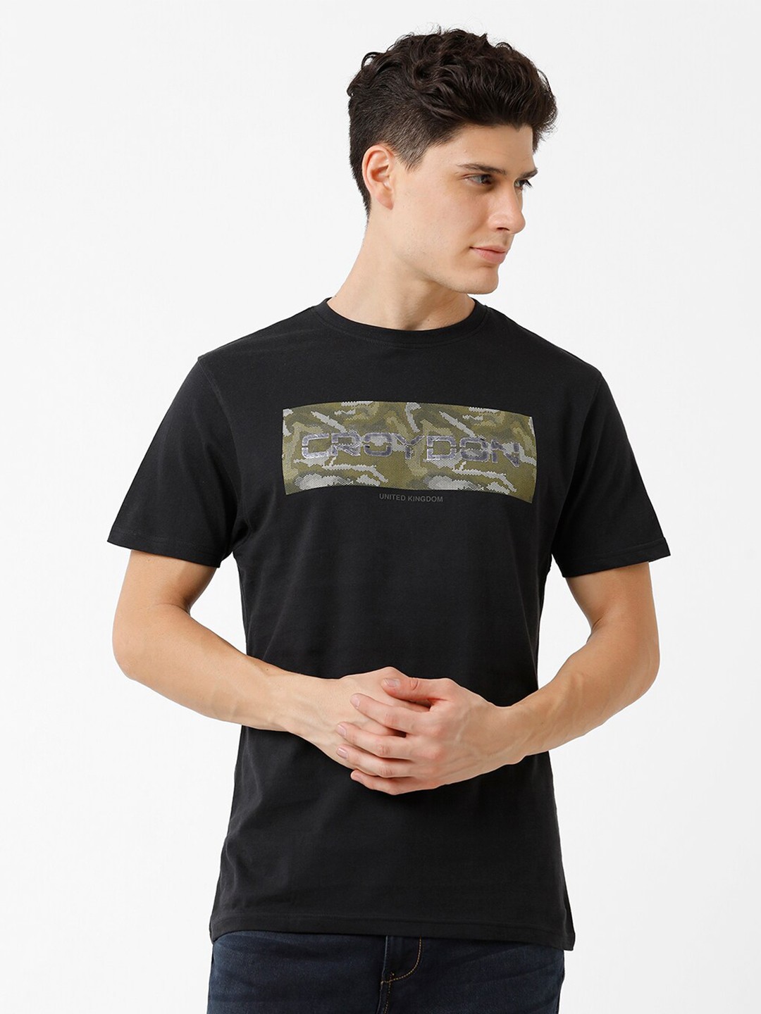 

CROYDON UK Men Camouflage Printed T-shirt, Black