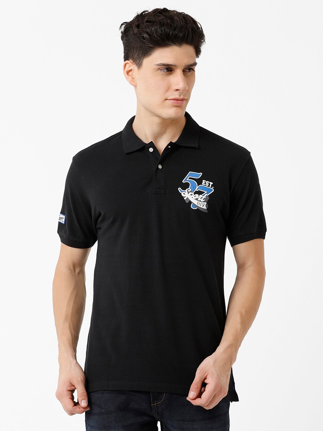 

CROYDON UK Men Typography Printed Polo Collar Cotton T-shirt, Black