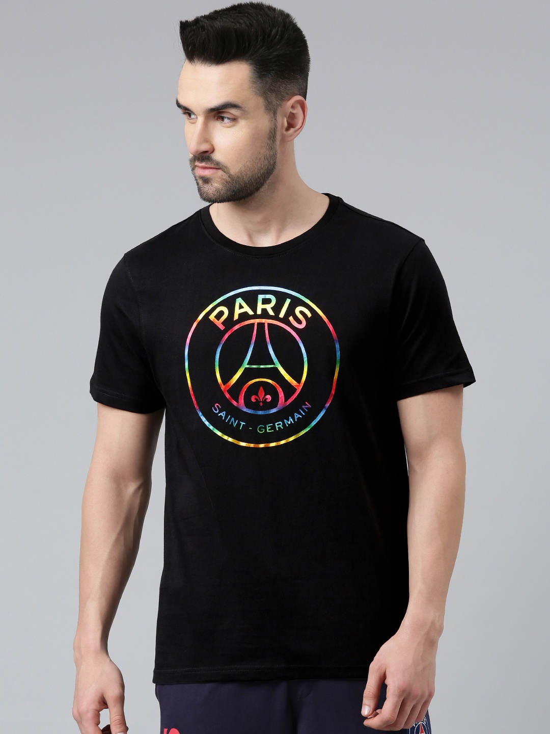 

PSG Men Black Paris Saint-Germain Printed Rainbow Foil Crest Pure Cotton Football T-shirt