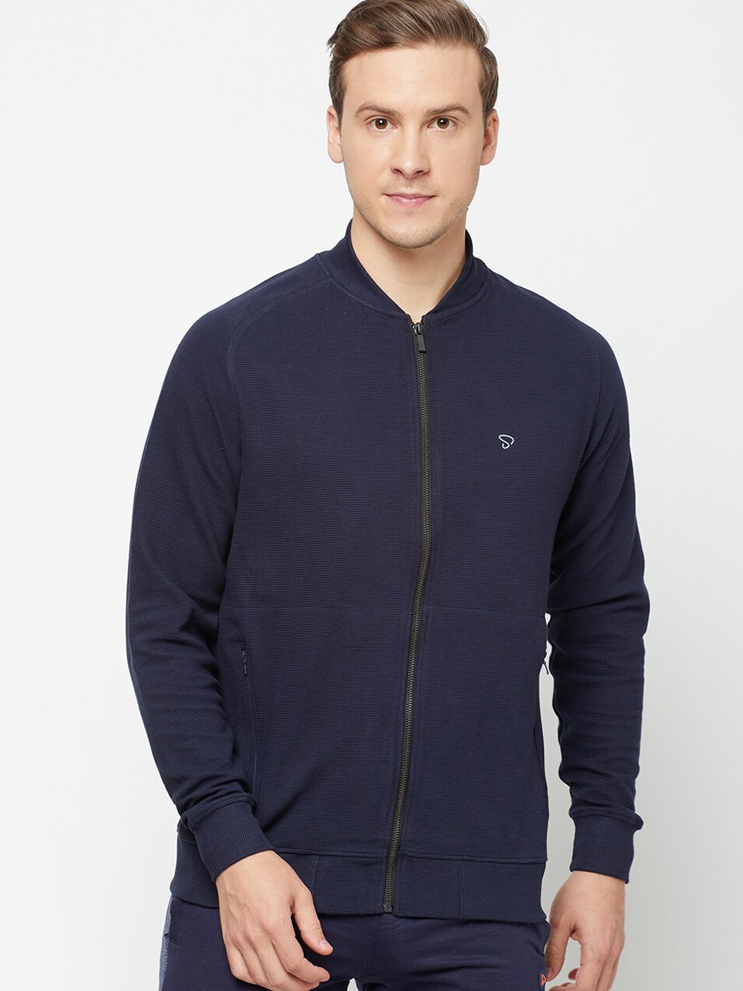 

SPORTO Men Solid Ribbed Bomber Jacket, Navy blue