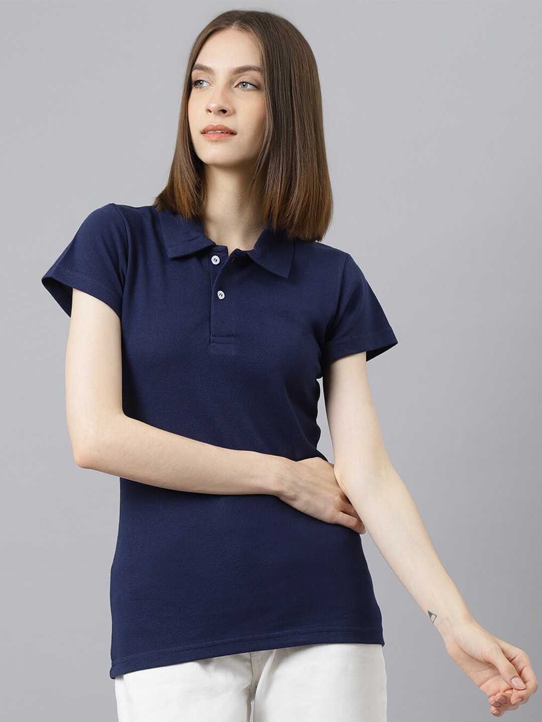 

BESIMPLE Women Polo Collar Cotton T-shirt, Navy blue