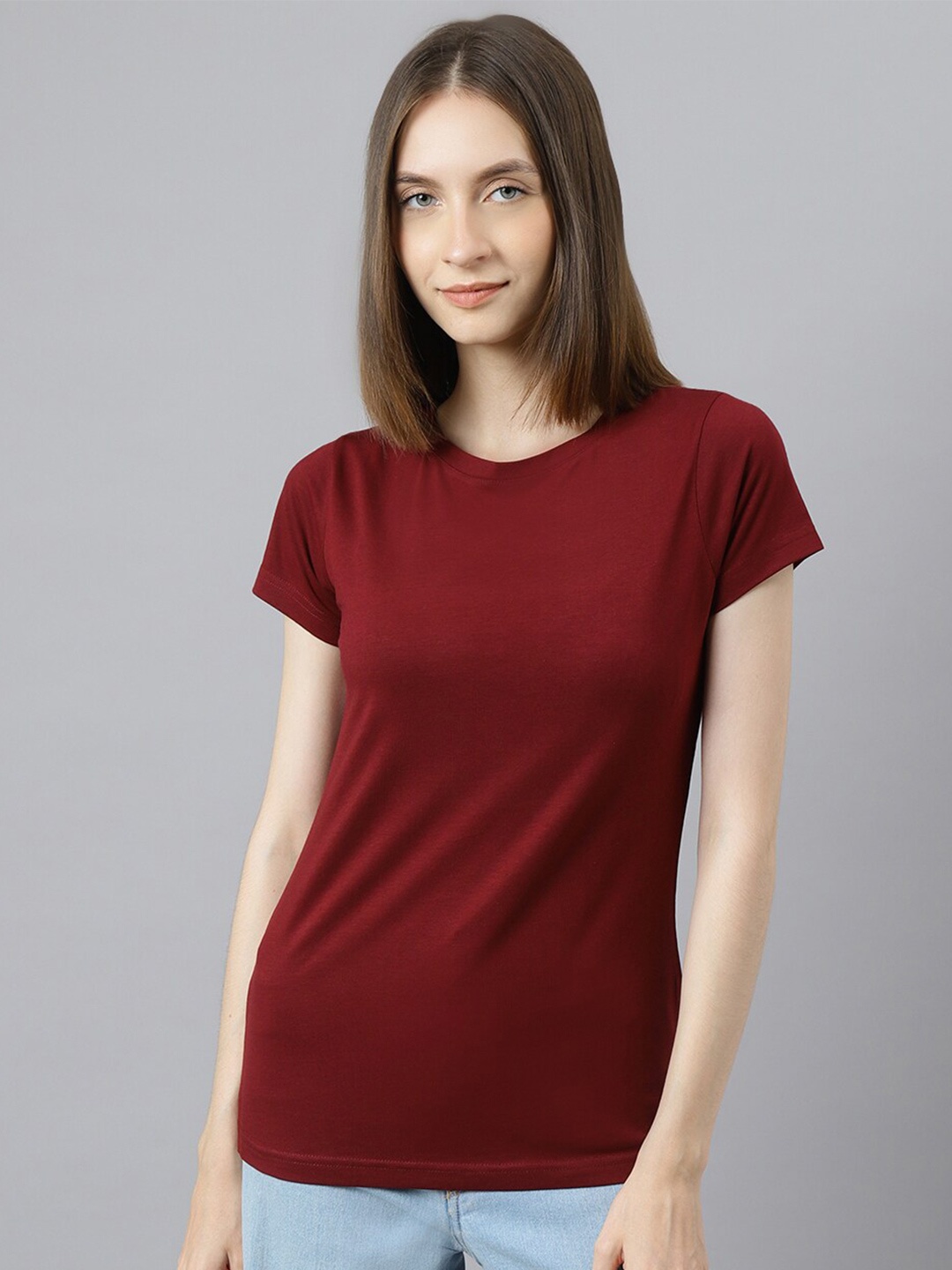 

BESIMPLE Women Round Neck T-shirt, Burgundy