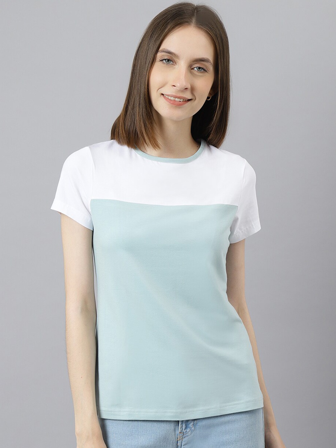 

BESIMPLE Women Colourblocked Round Neck T-shirt, Blue