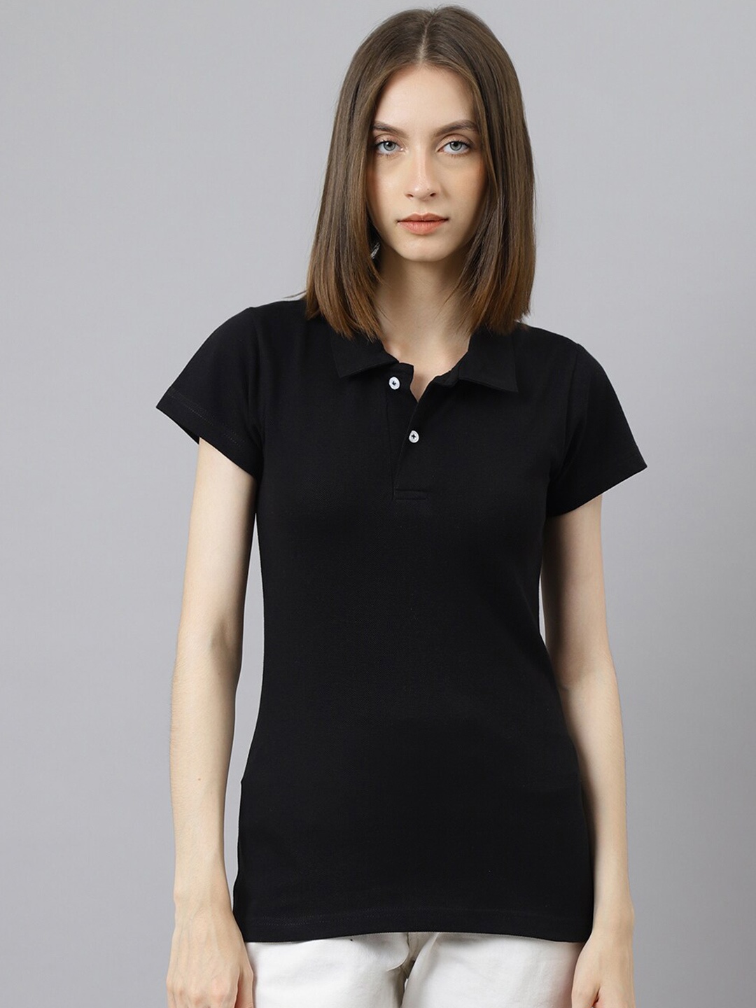 

BESIMPLE Women Polo Collar Cotton T-shirt, Black