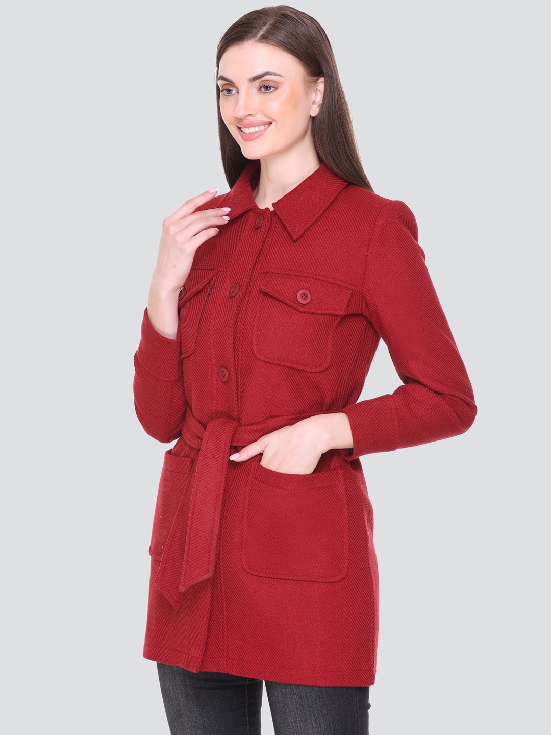 

HONNETE Women Solid Spread Collar Trench Coat, Red