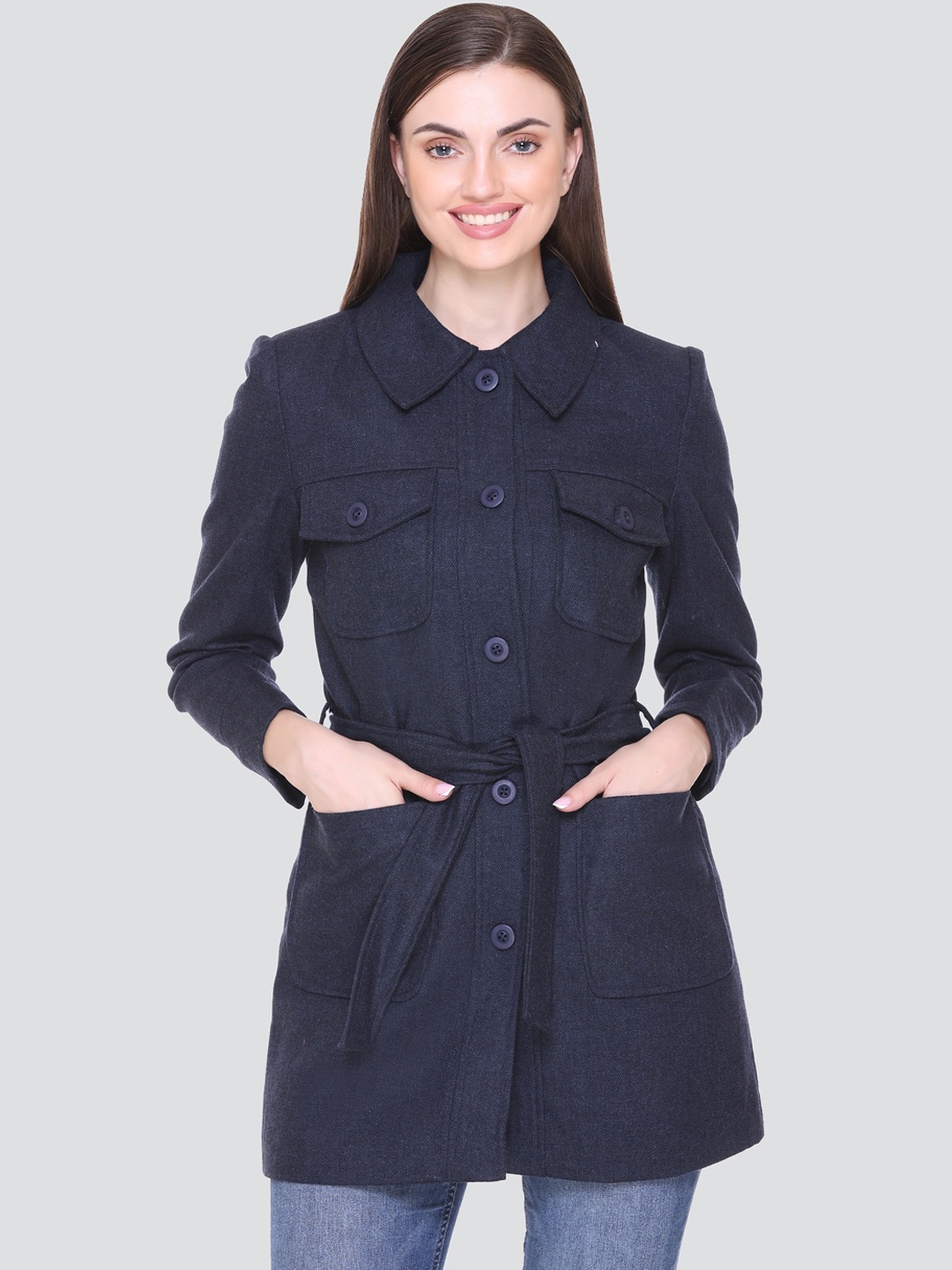 

HONNETE Women Solid Winter Trench Coats, Blue