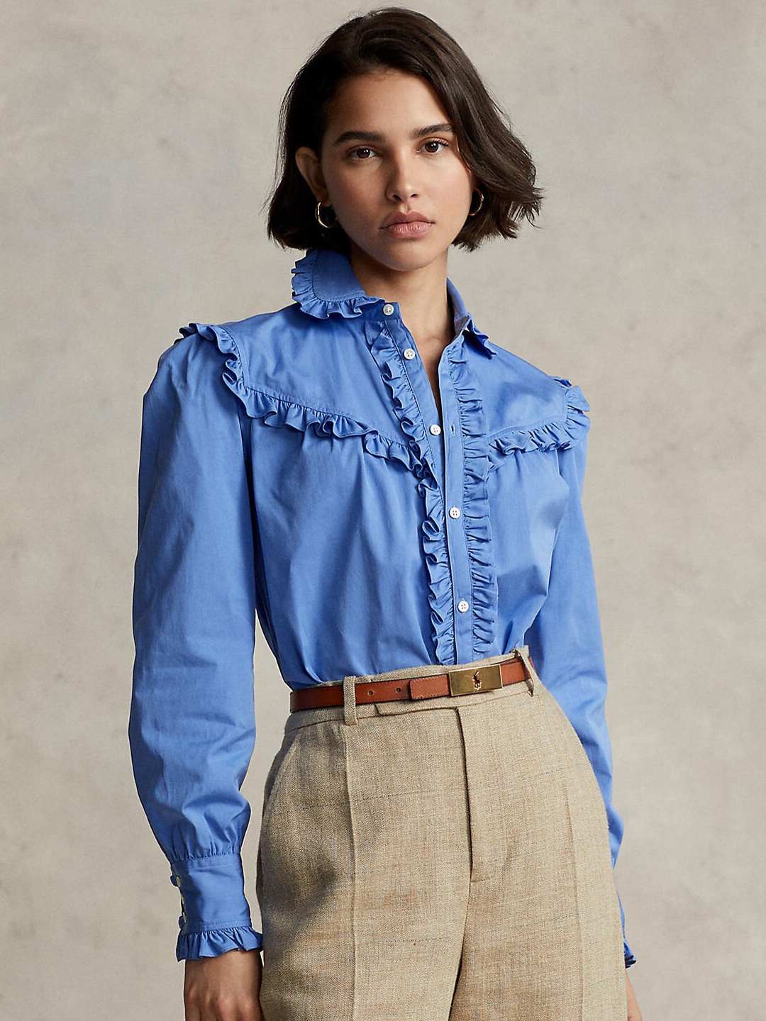 

Polo Ralph Lauren Women Blue Ruffled Casual Shirt
