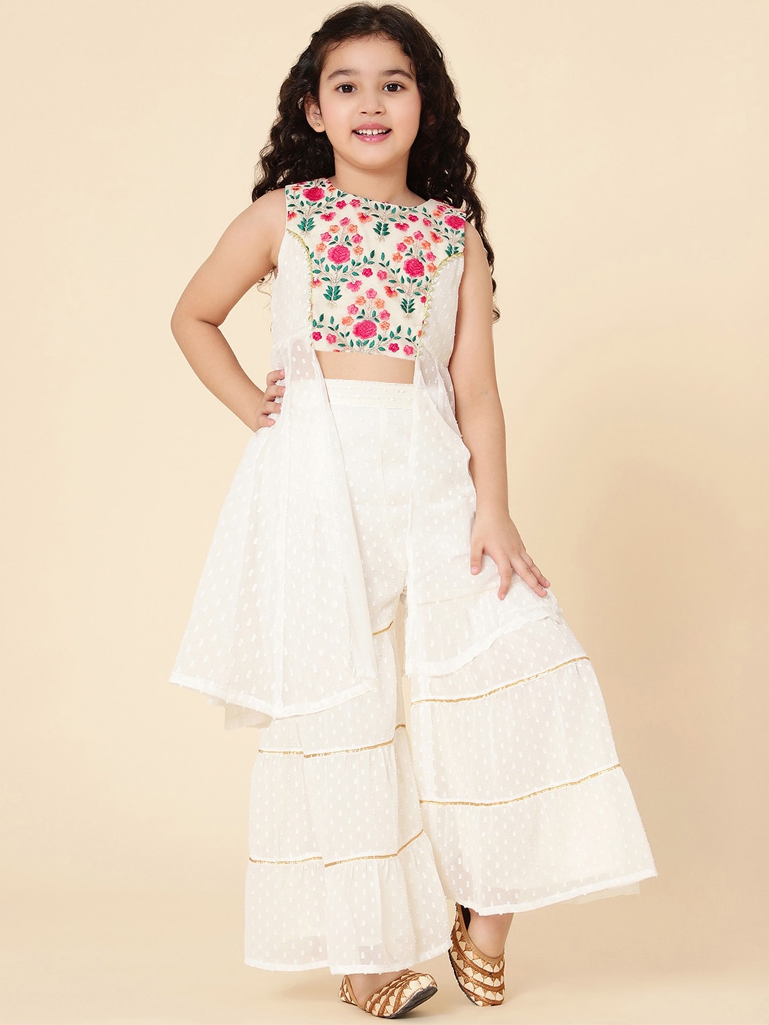 

A T U N Girls Grey Floral Embroidered Panelled Kurta with Sharara