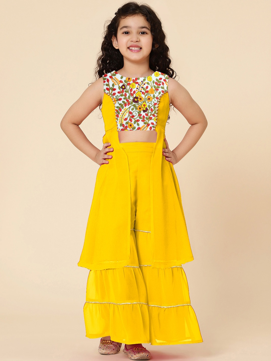

A T U N Girls Yellow Embroidered Panelled Kurta with Sharara