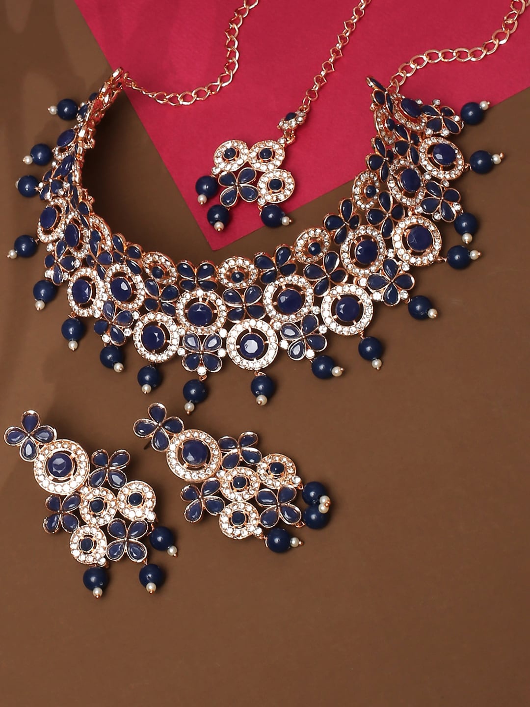 

VATSALYA creation Rose Gold-Plated Artificial Stones & Beads-Studded Jewellery Set, Navy blue