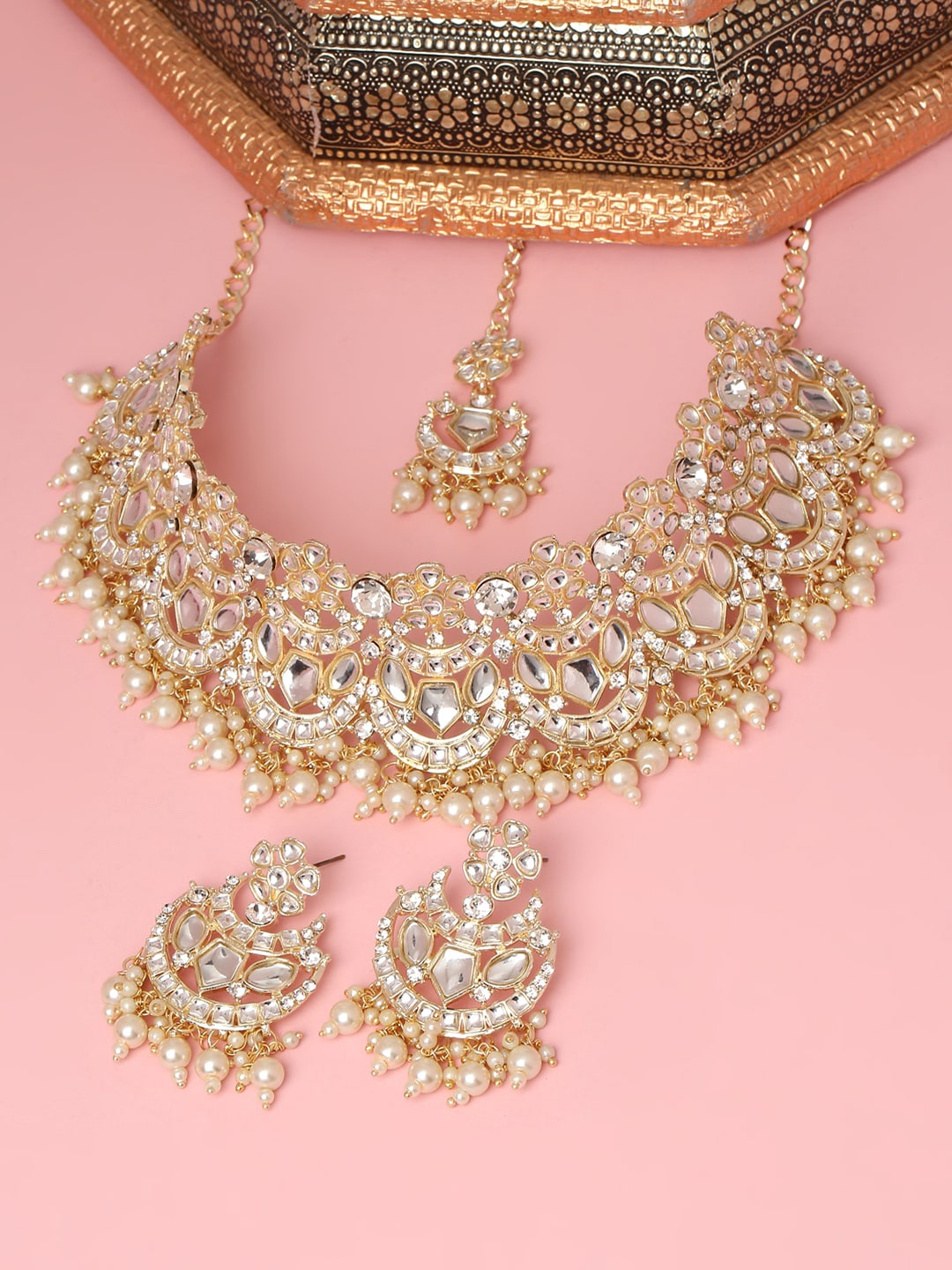 

VATSALYA creation Gold-Plated Stone & Beads Studded Jewellery Set, White