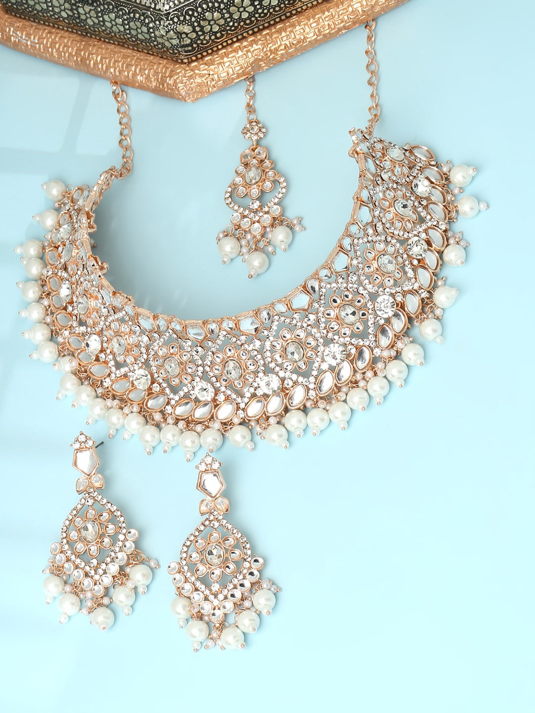 

VATSALYA creation Rose Gold-Plated Artificial Stones & Beads Studded Jewellery Set, White