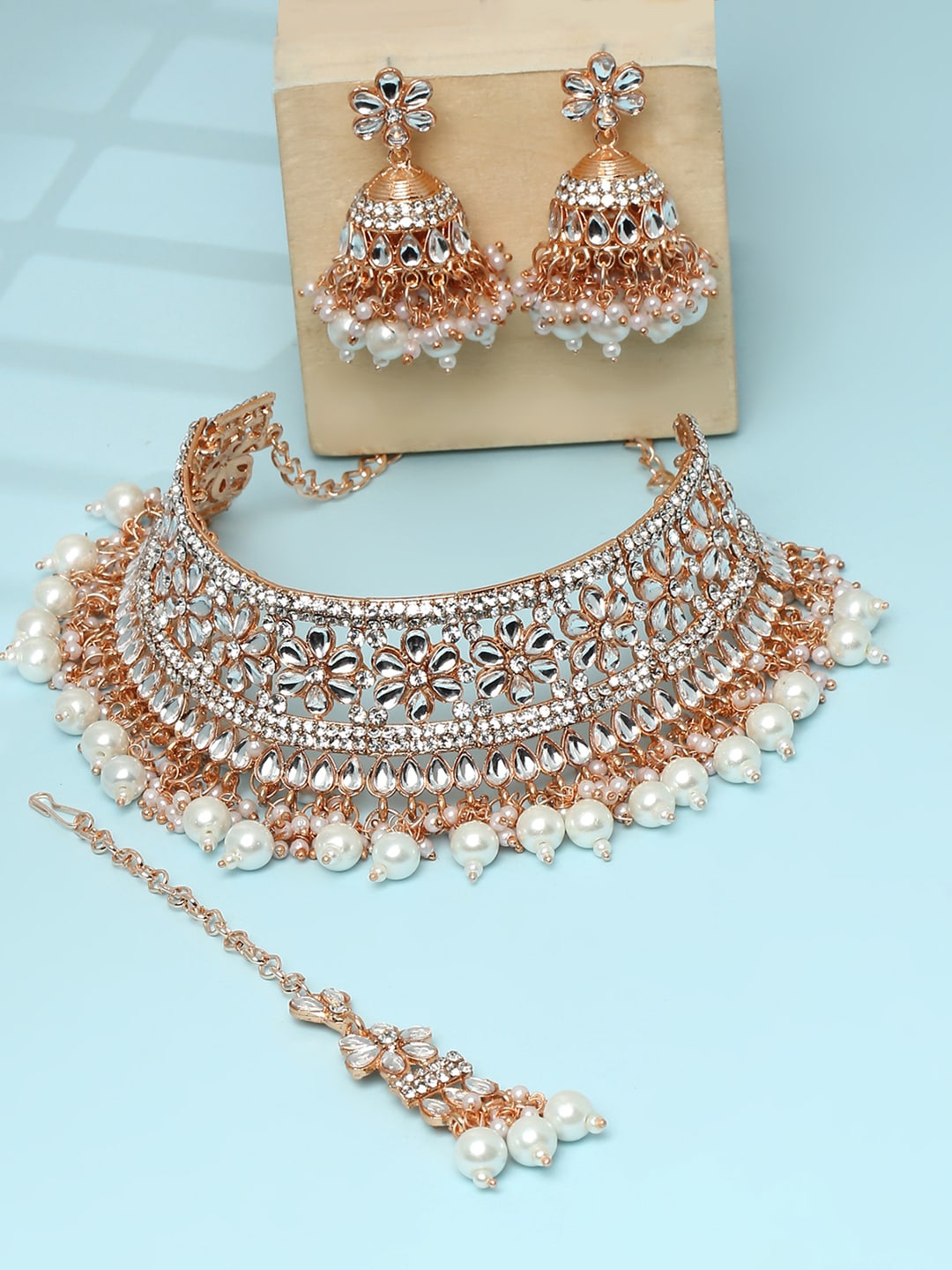 

VATSALYA creation Rose Gold-Plated Stone-Studded & Beaded Jewellery Set, White