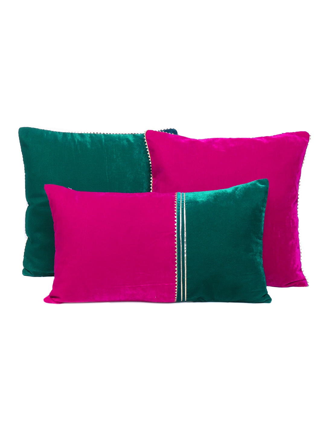 

OUSSUM Pink & Green Set of 3 Colourblocked Velvet Rectangle Cushion Covers