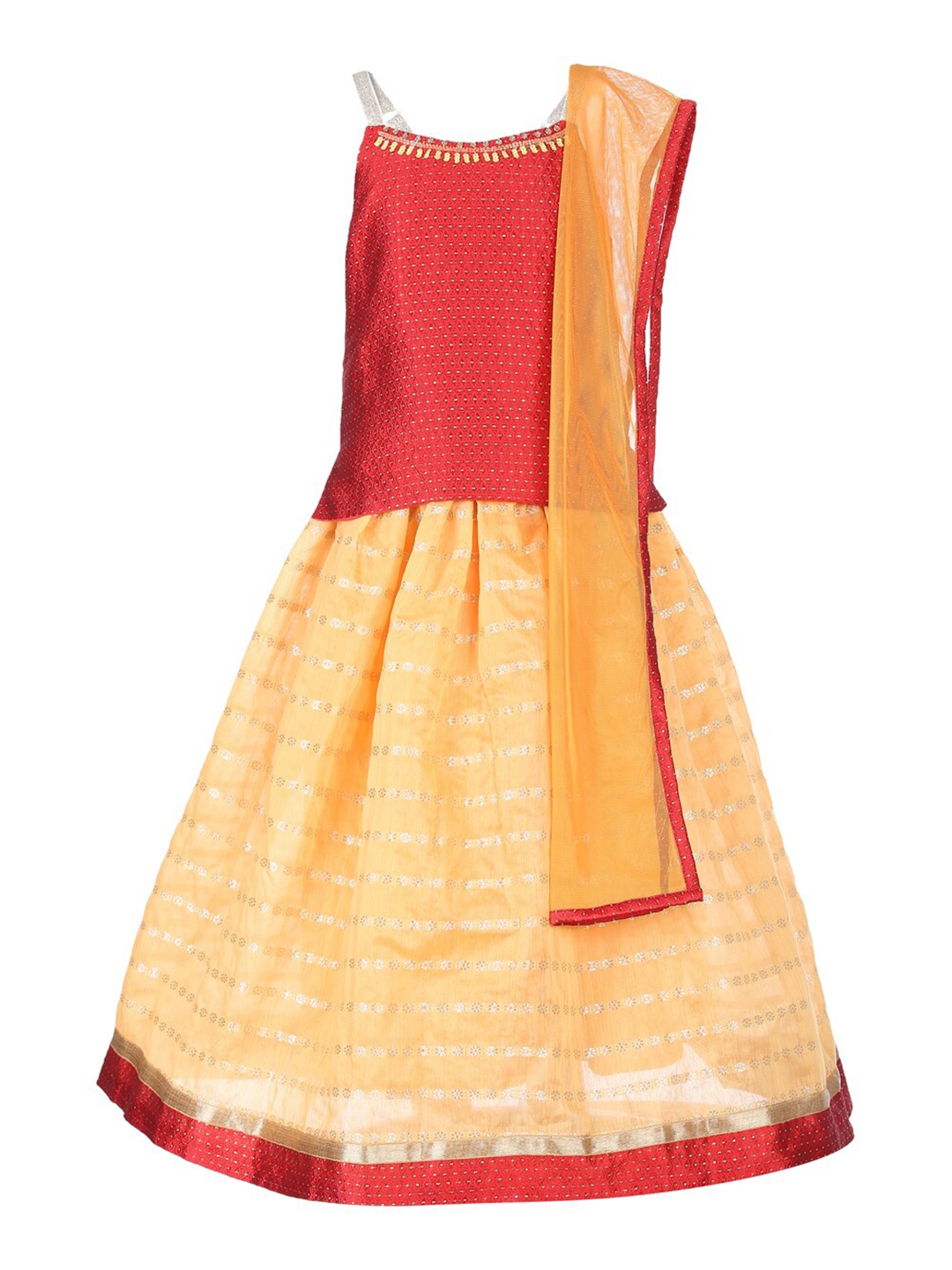 

A Little Fable Girls Red & Cream-Coloured Ready to Wear Lehenga & Blouse With Dupatta