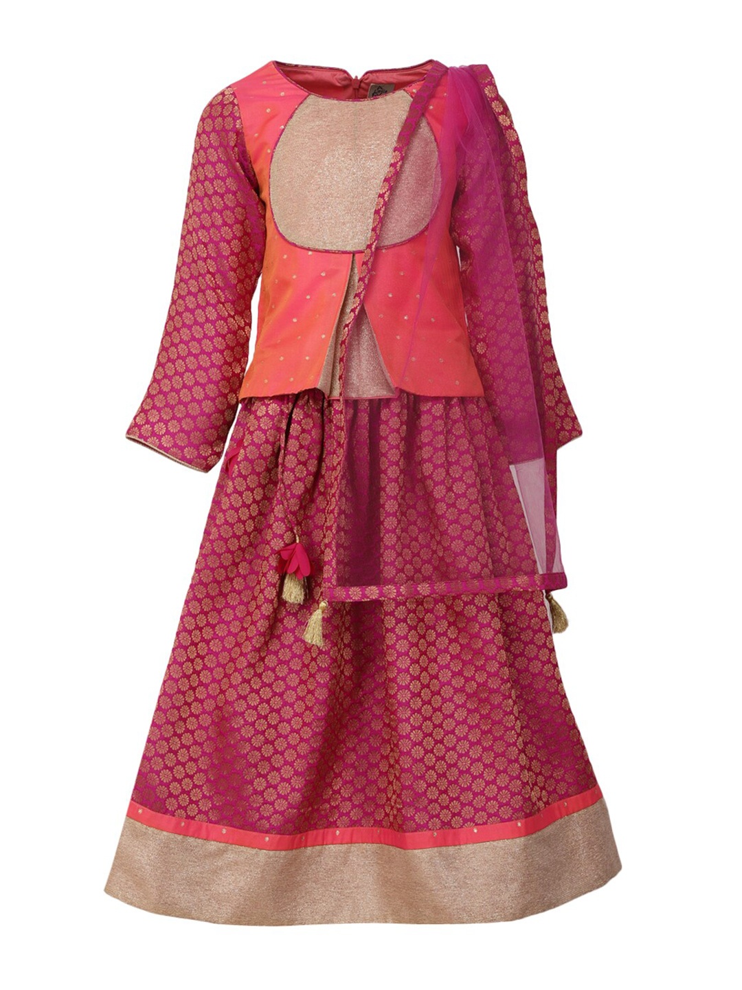 

A Little Fable Girls Pink & Gold-Toned Printed Ready to Wear Lehenga & Blouse With Dupatta