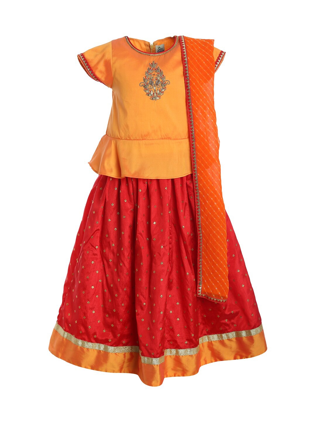 

A Little Fable Girls Orange & Red Embroidered Ready to Wear Lehenga & Blouse With Dupatta