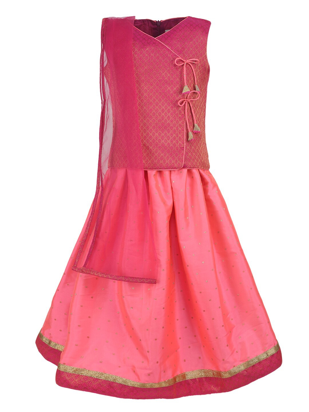 

A Little Fable Girls Pink & Gold Solid Polyester Lehenga & Blouse With Dupatta