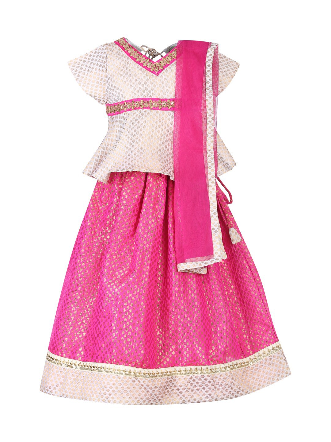 

A Little Fable Girls Pink & Off White Sequinned Ready to Wear Lehenga & Blouse With Dupatta