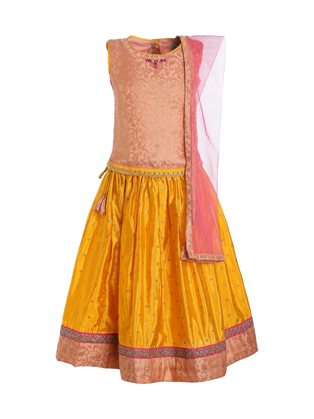 

A Little Fable Girls Pink & Yellow Ready to Wear Lehenga & Blouse With Dupatta
