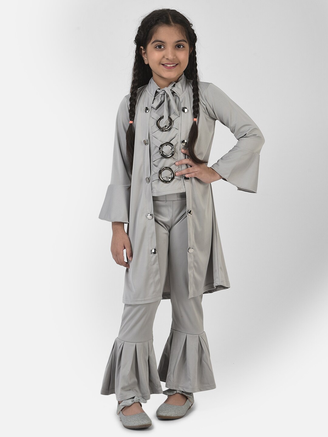 

Elendra jeans Girls Grey Self Designed Top with Sharara & With Longline Shrug