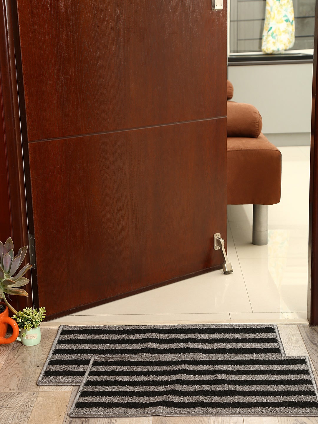 

Athome by Nilkamal Set Of 2 Striped Anti-Skid Doormats, Grey