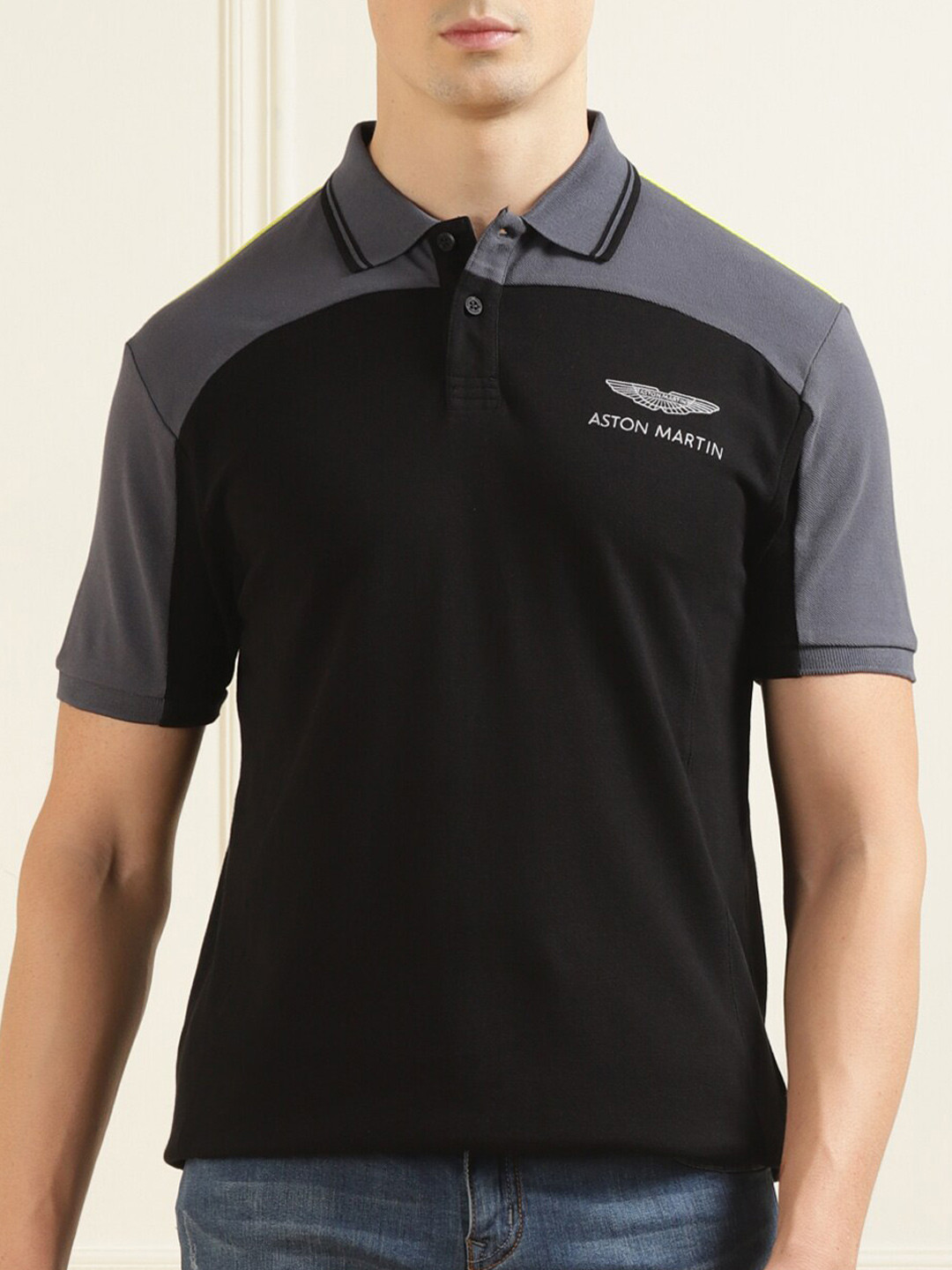 

HACKETT LONDON Men Colourblocked Polo Collar Cotton T-shirt, Black