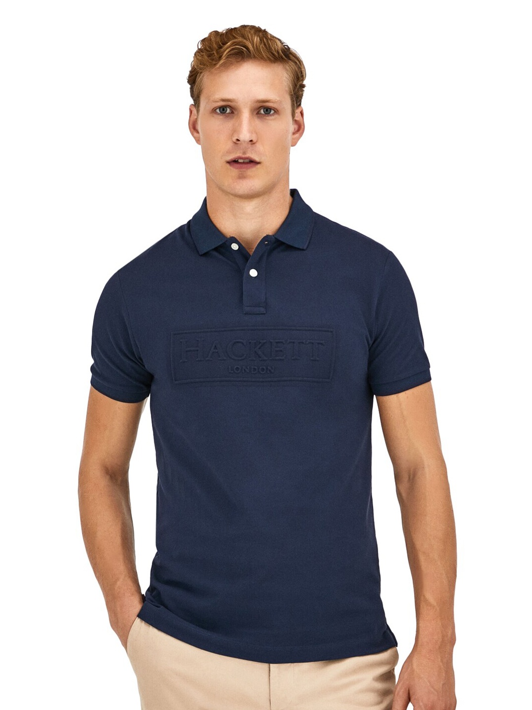 

HACKETT LONDON Men Typography Printed Polo Collar Cotton T-shirt, Navy blue