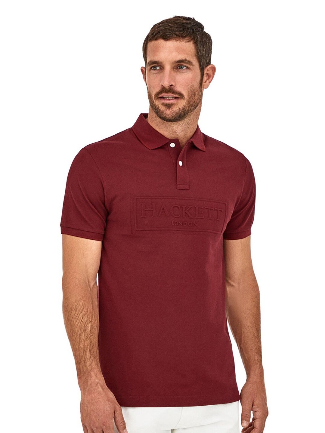 

HACKETT LONDON Men Solid Typography Polo Collar Cotton T-shirt, Red