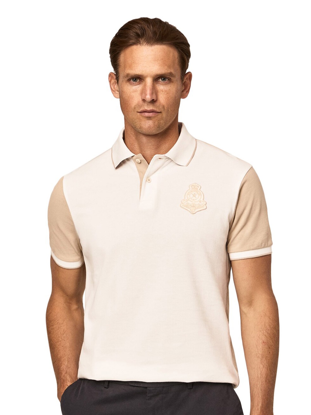 

HACKETT LONDON Men Colourblocked Polo Collar Cotton T-shirt, Cream
