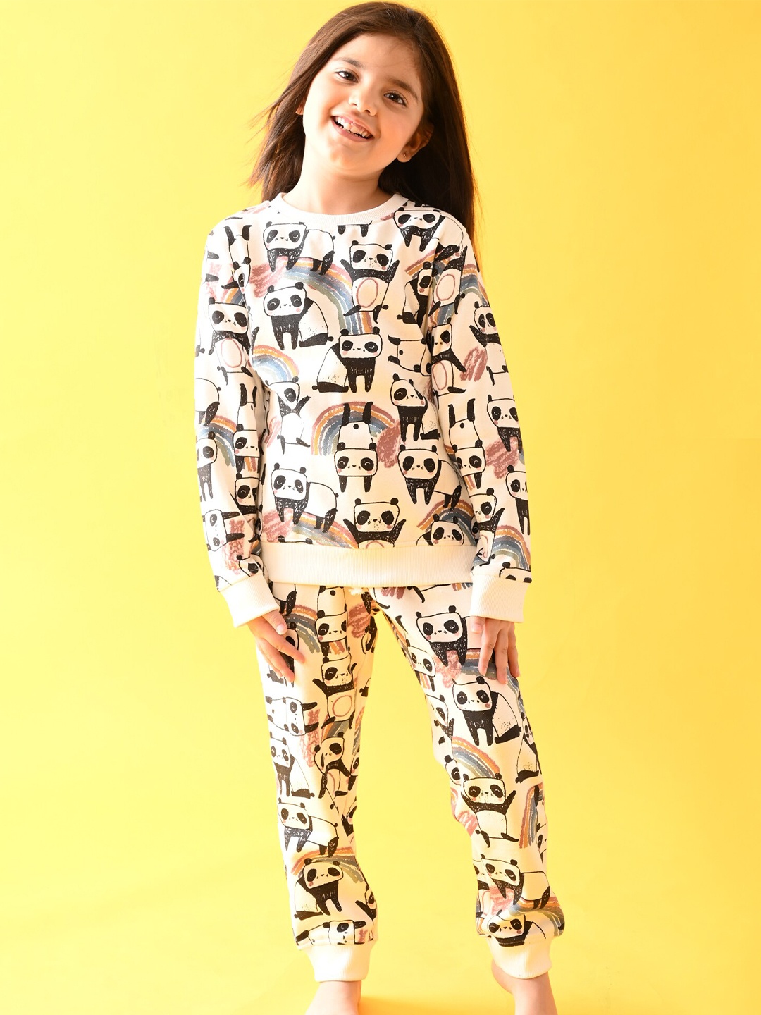 

Anthrilo Girls White Panda Fleece Sweatshirt with Jogger Set