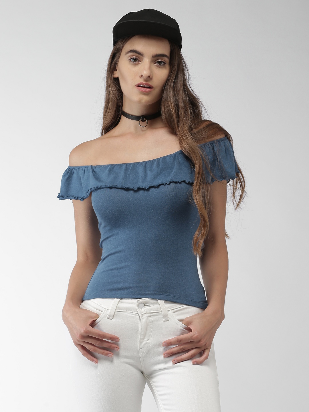 

Aeropostale Women Teal Blue Solid Bardot Top