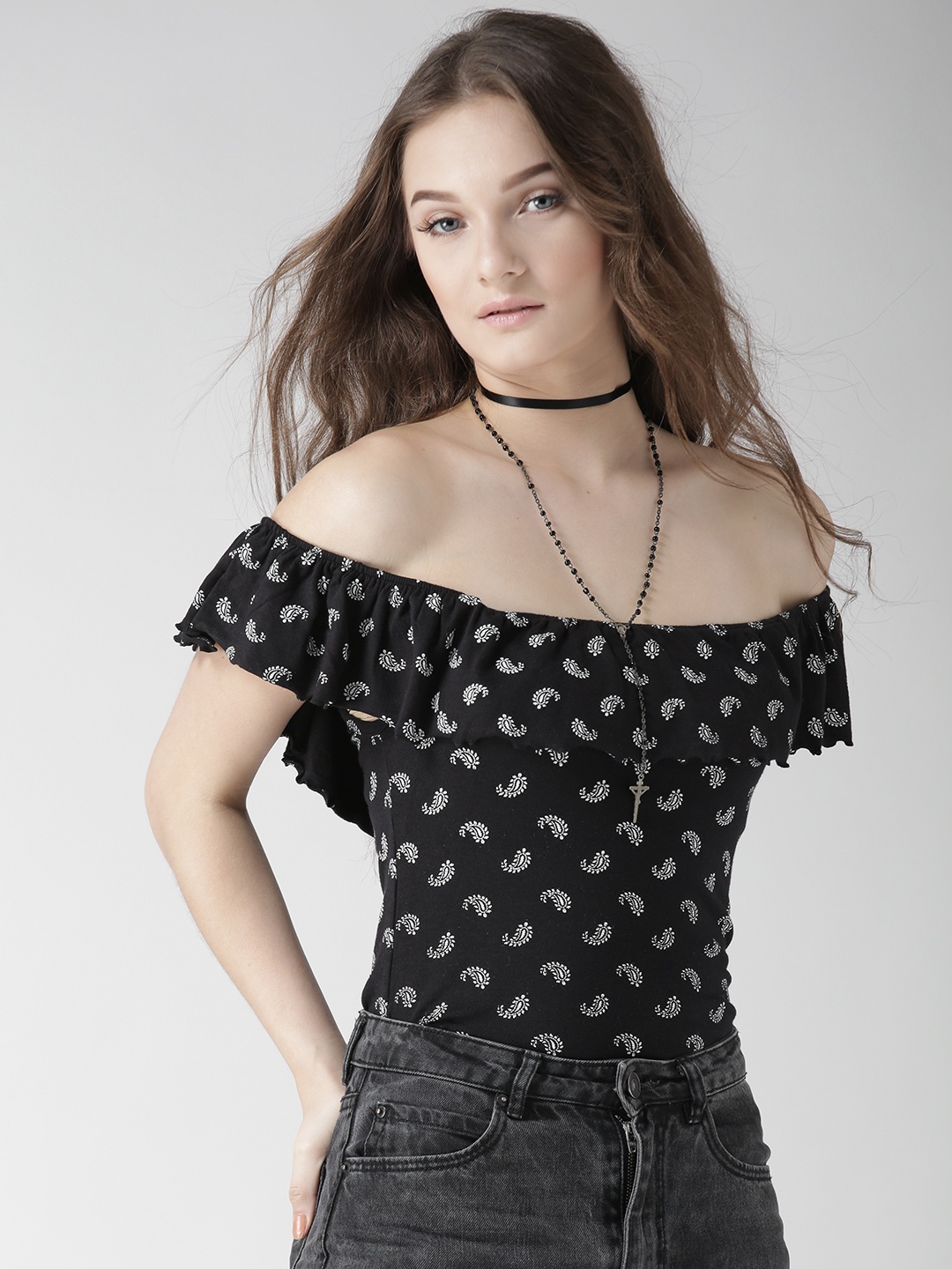 

Aeropostale Women Black Printed Bardot Top