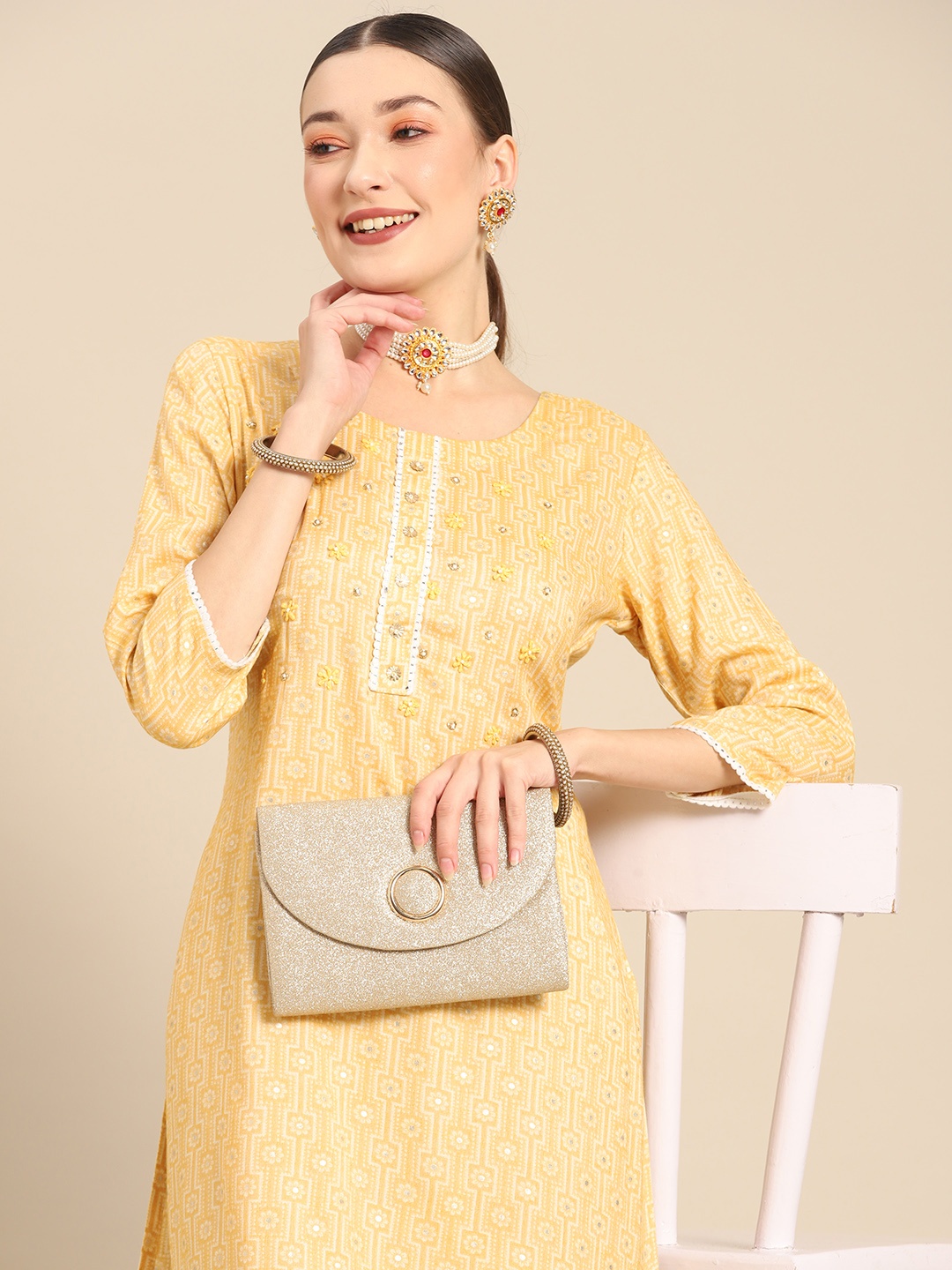 

Sangria Women White & Yellow Ethnic Motifs Printed Kurta