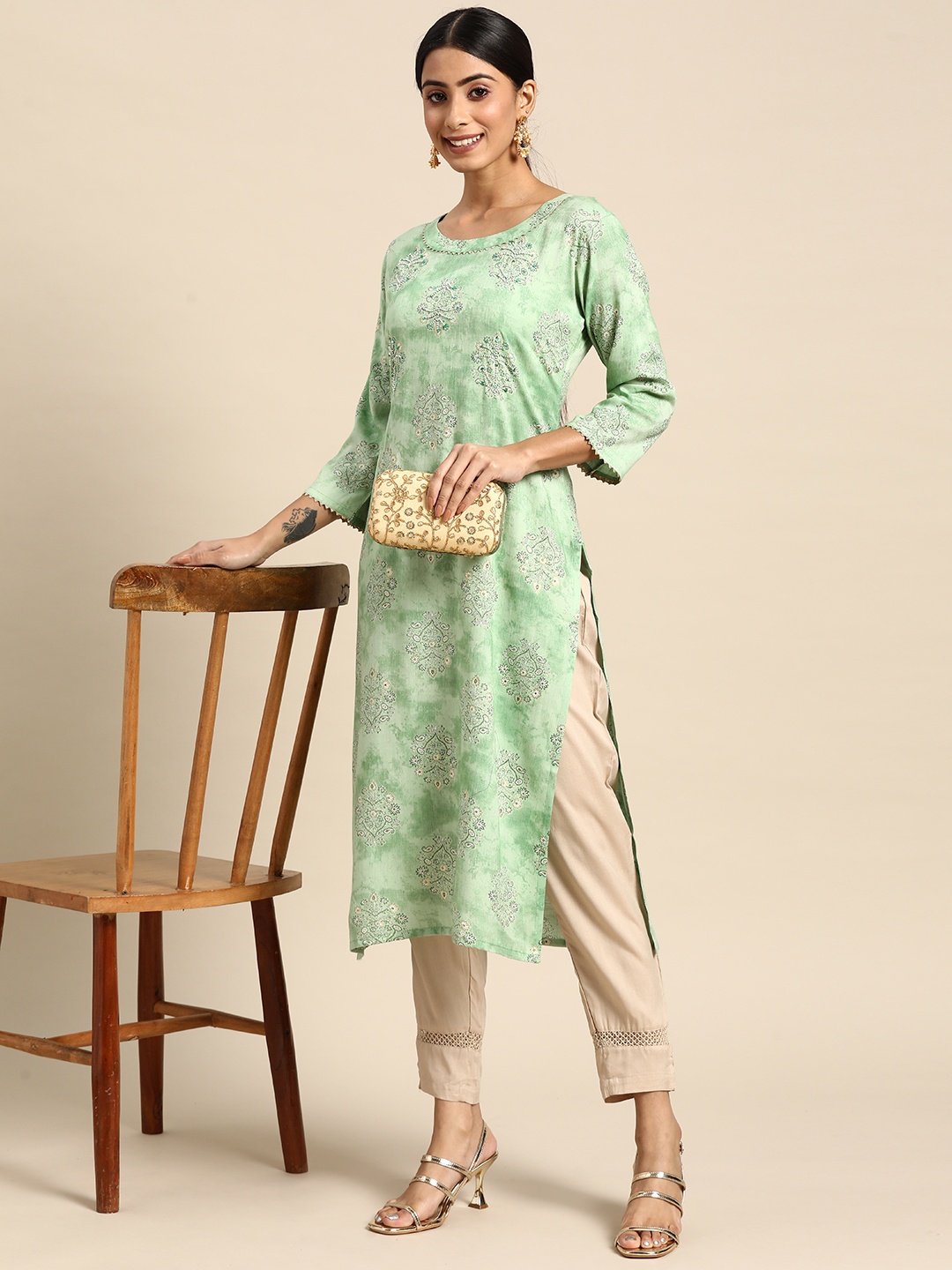 

Sangria Women Ethnic Motifs Printed Embroidery Work Kurta, Sea green